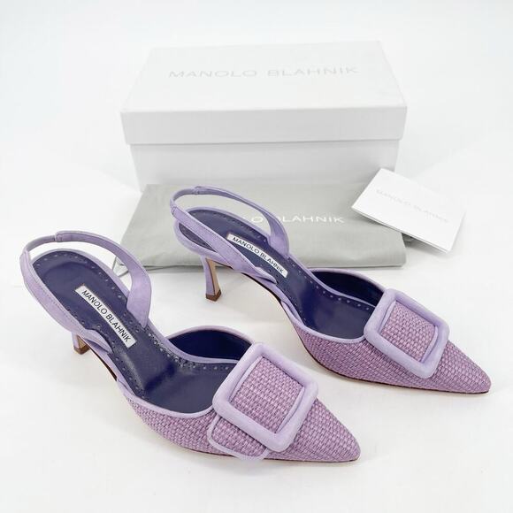 Manolo Blahnik Shoes - Manolo Blahnik Mayslibi Lilac Raffia Slingback Buckle Pointed Toe Heels IT 38.5